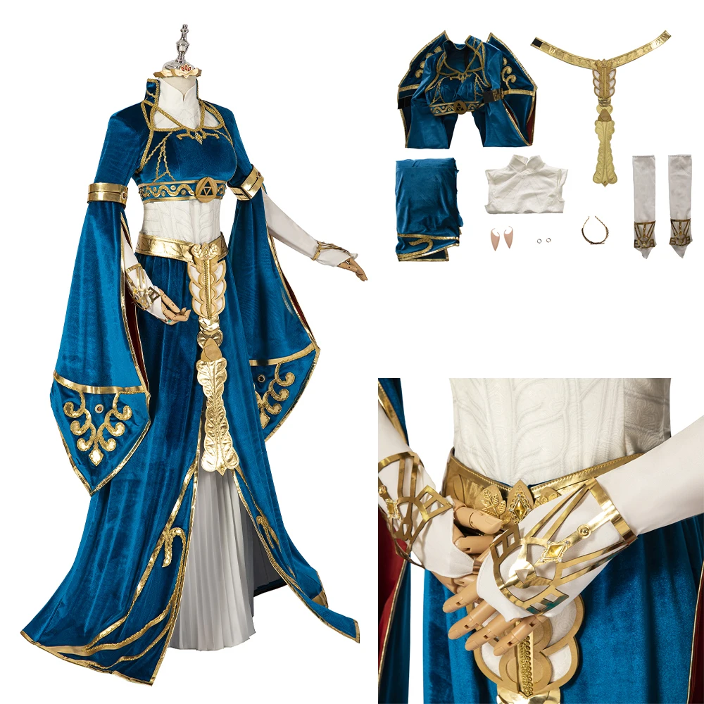 High Quality Breath of the Wild Princess Zelda Cosplay Dress Suit Women Blue Long Dress Gown Role Play Costume Full Set