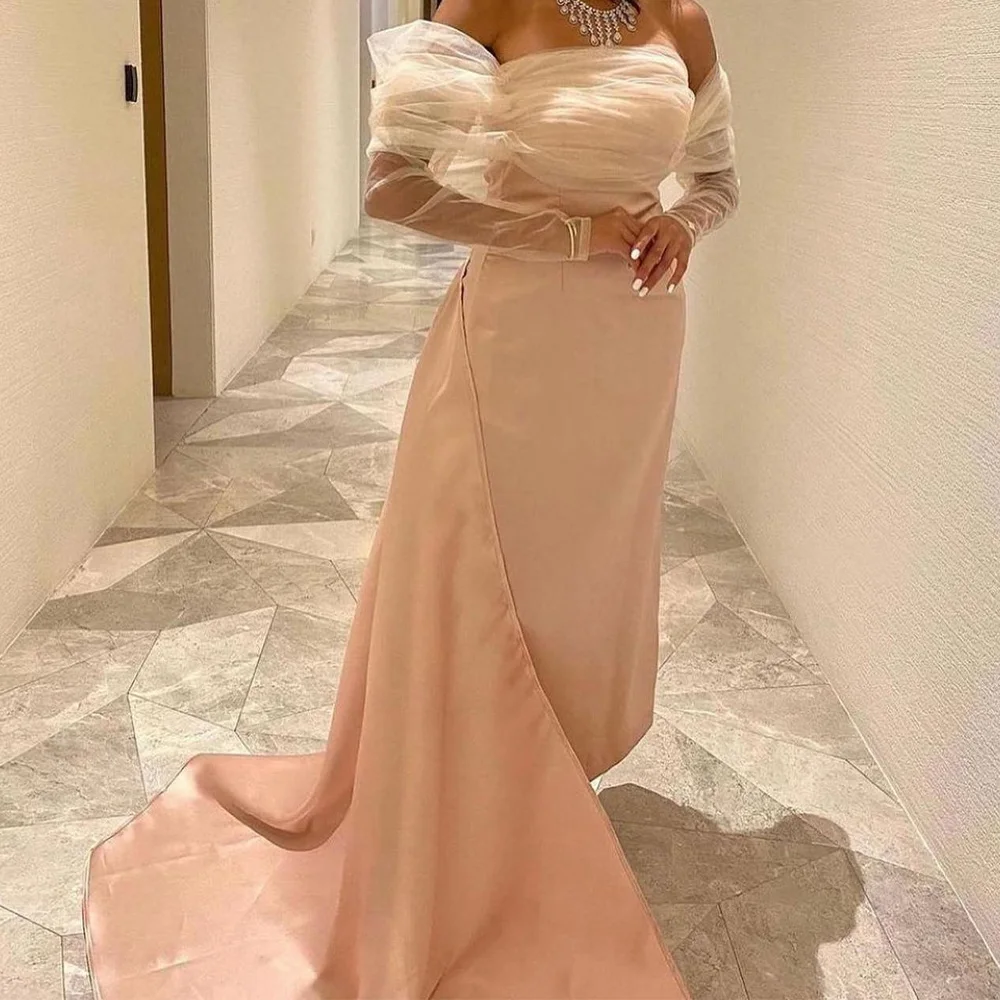 Customized Fashion Straight Floor Length Strapless Jersey Long Sleeves Evening Dress Classic Photo Color vestidos para mujer