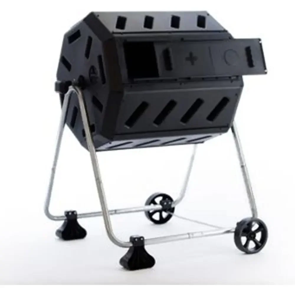 37 Gallon Dual Chamber Tumbling Composter with Wheels, Outdoor Rotating Garden Compost Bin, Black