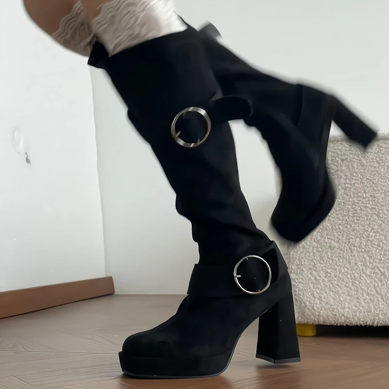 

Nightclub Thick Heel Women Knight High Boots Concise Belt Buckle Shoes Autumn Winter Ladies Comfort Stretch Slim Long Booties