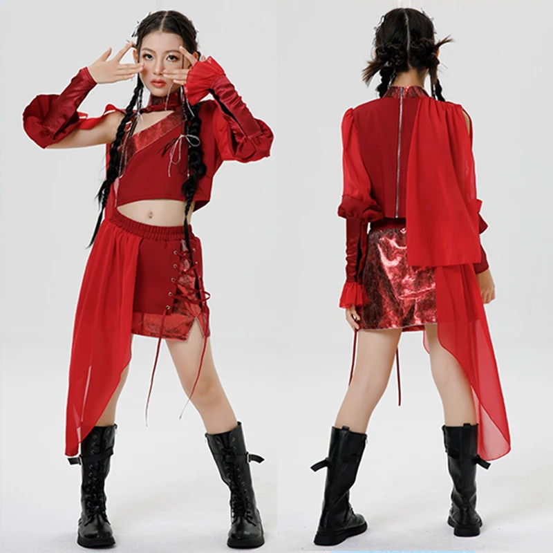 

Chinese Style Hip Hop Dance Performance Clothing Kids Jazz Street Dance Stage Clothes Festival Party Show Girls' Suit Red XH1240