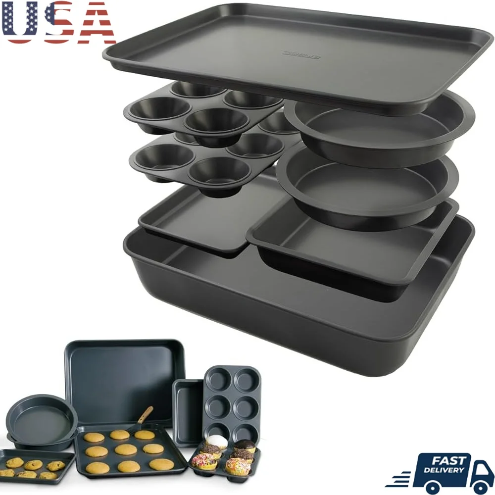 

8 Piece Non-Stick Carbon Steel Baking Set Cakes Muffins Roasting Easy Storage Kitchen Essentials