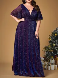 Plus size V-neck fioletowa błyszcząca suknia wieczorowa w kropki do podłogi 4XL 5XL duży rozmiar fioletowa błyszcząca suknia balowa do podłogi damska