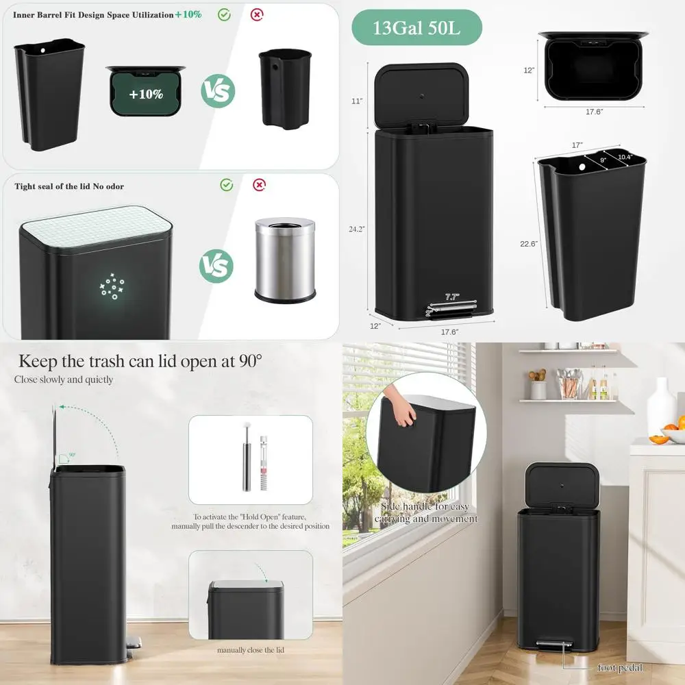 

13.2 Gallon Square Step Trash Can with Soft-Close Lid, Removable Inner Bucket, and Finger-Proof Stainless Steel (Black)