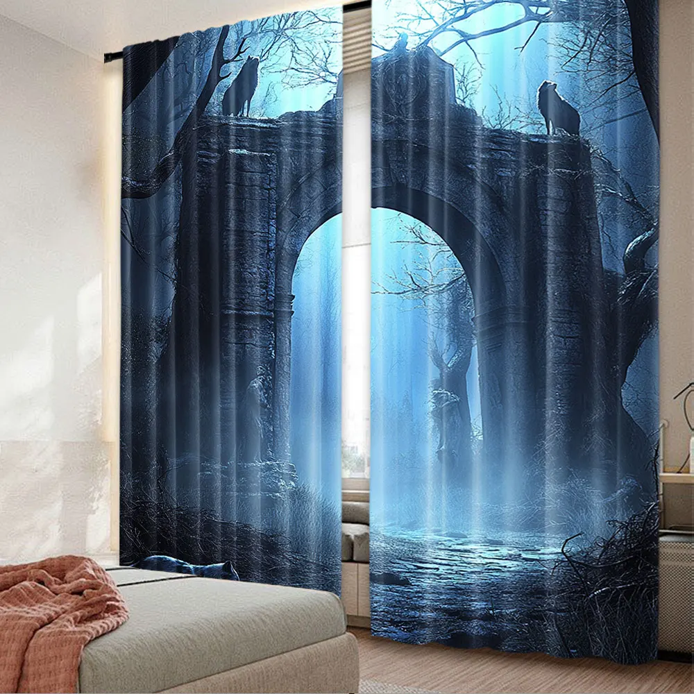 2Pcs Gloomy Scenery Curtain Moon Ancient Arch Ruins Forest Wolves Curtain Suitable For Living Room Bedroom A