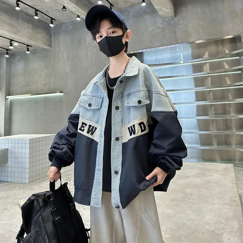 

Spring Children Boys Denim Jacket Cotton Letter Spliced Peter Pan Collar Kids Boy Outerwear Loose Single Breast Junior Boys Coat