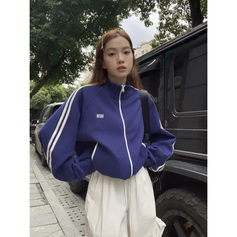 Blue Stripe Womens Track Jackets Vintage Long Sleeve Korean Fashion Casual Y2K Style Autumn Stand Collar Cropped Jacket Female