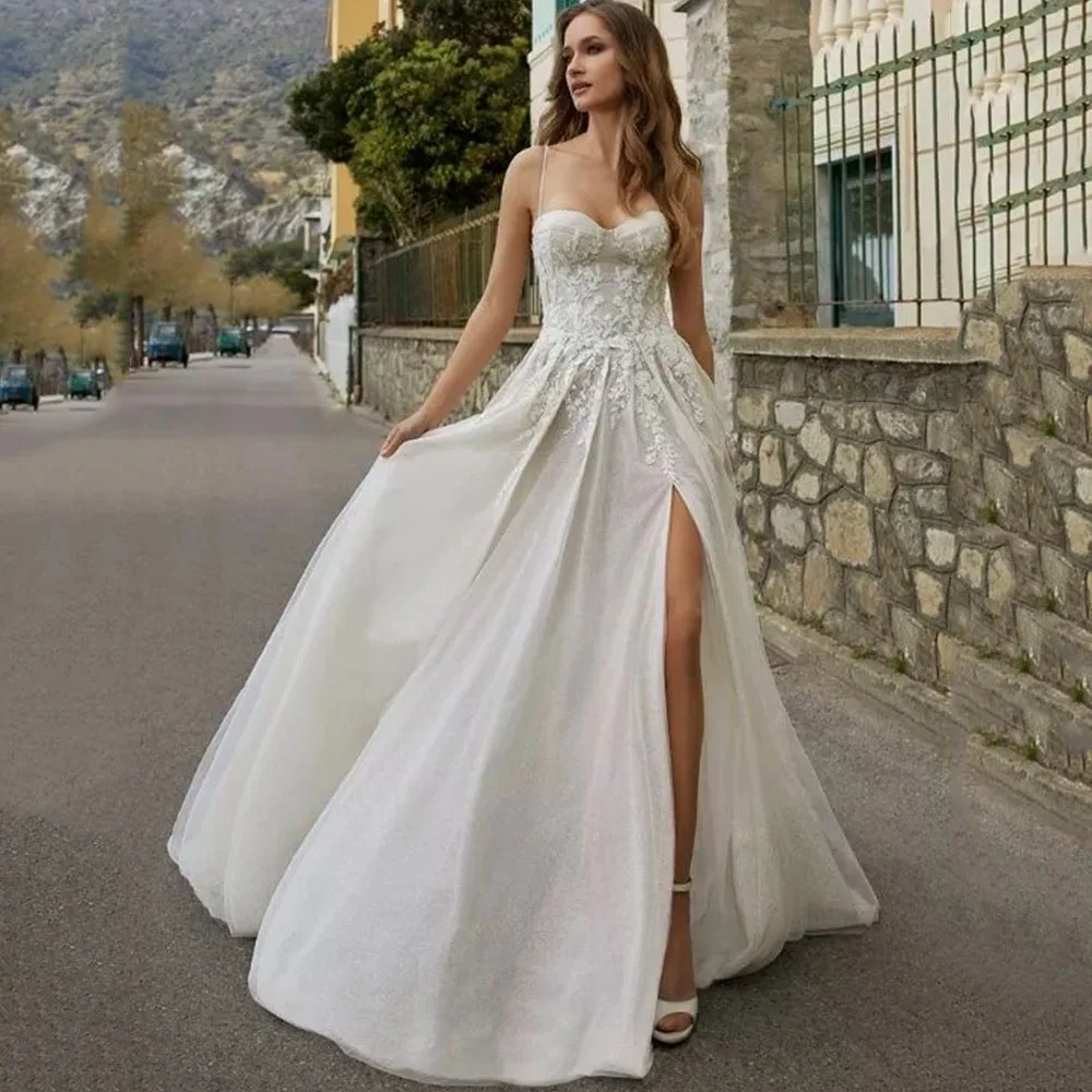 

LoveDress Spaghetti Straps Sweetheart Wedding Dress With High Side Split Sparkle Sexy Backless Bride Gown A-Line Robe De Mariée