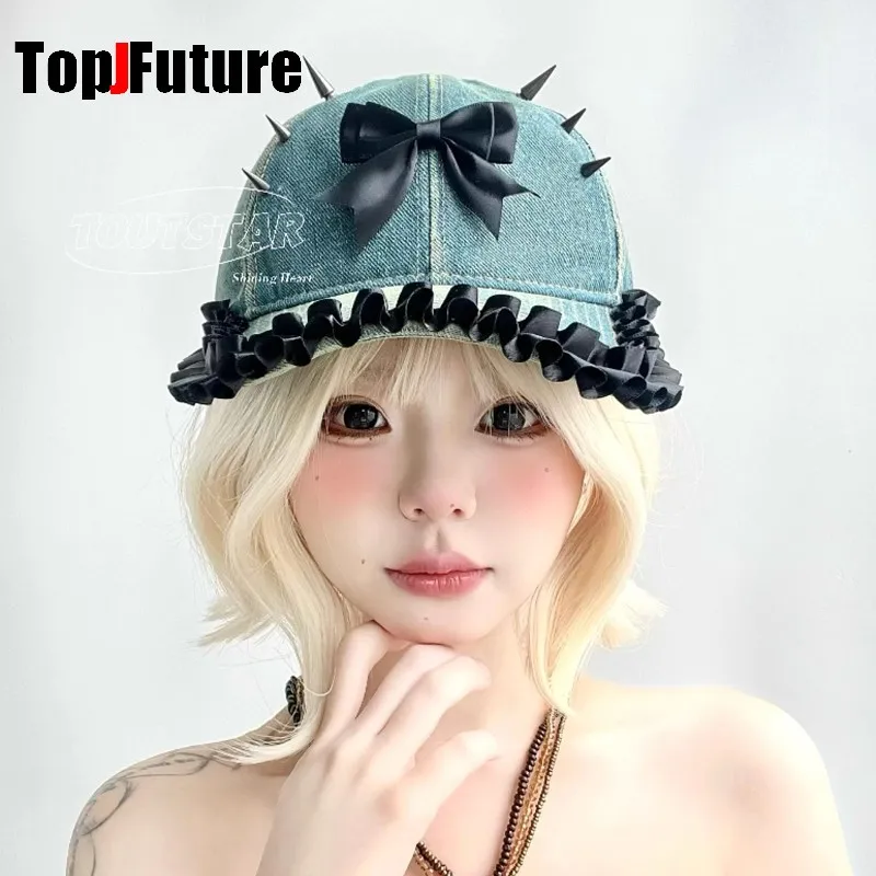 Spring Summer Angel Wing Bow WomenHarajuku Steampunk Y2K Girl Gothic Lolita Hat Ruffle lace cowboy Spike sun hat baseball cap