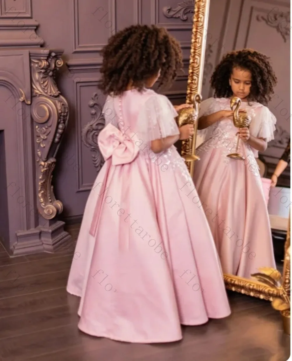 Customized Pink Satin Flower Girl Dress Long Ball Gown Round Neck Flutter Sleeve Lace Applique Bow Back Wedding Birthday Kids