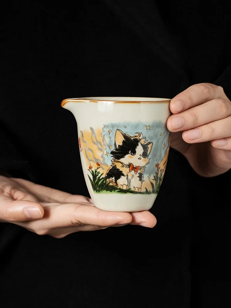 190ml-ru-kiln製陶器のかわいい猫型カップ、家庭用茶器、大容量茶海、カンフーティーセットアクセサリー