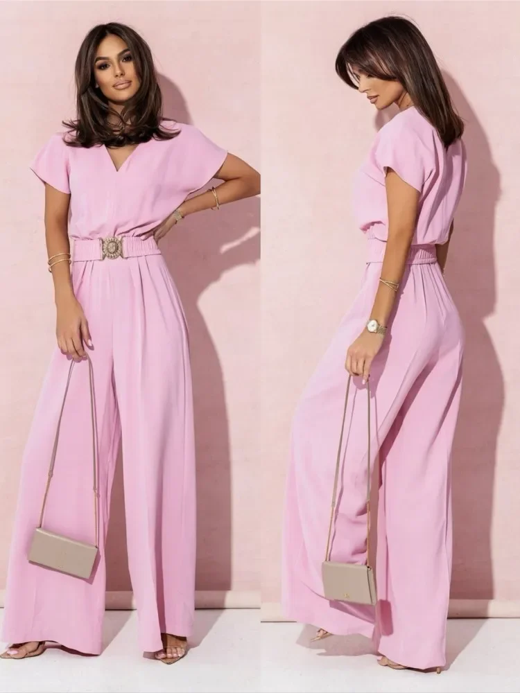 Mode Frauen Solide V-ausschnitt Kurzarm Overalls Sommer Casual Hohe Taille Lose Overall Breite Bein Lange Hosen Strampler Mit Gürtel