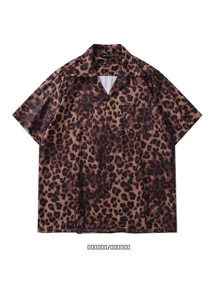 

Свободная повседневная рубашка с леопардовым принтом в американском уличном стиле, с коротким рукавом, молодежная, с кубинским воротником, летняя мода