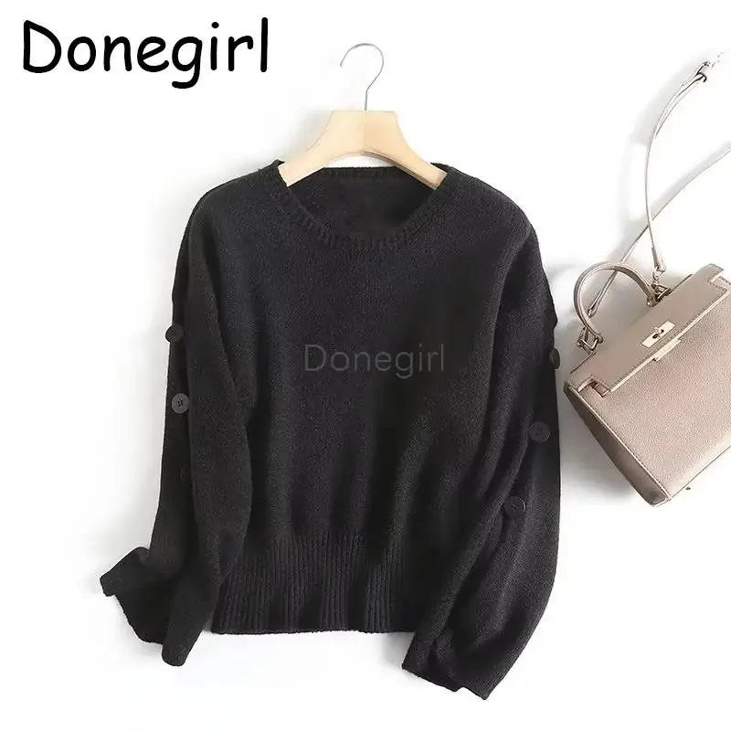 

Donegirl 2023Spring New Women Round Neck Sleeve Hollow Buttons Slit Knitted Sweater Solid Slim Casual Pullovers Female Tops Chic