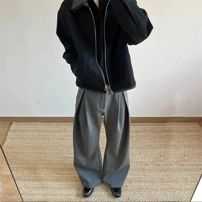Pleated Minimalist Men's Wide Leg Pants Double Strap Belt Striped Casual Commute Premium Formal Trousers 1BAE