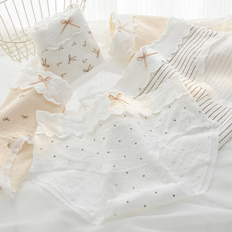 

Милое хлопковое нижнее белье с бантом и цветком для девочек, дышащие милые трусики с кружевными рюшами, женские бесшовные удобные трусы со средней талией, нижнее белье