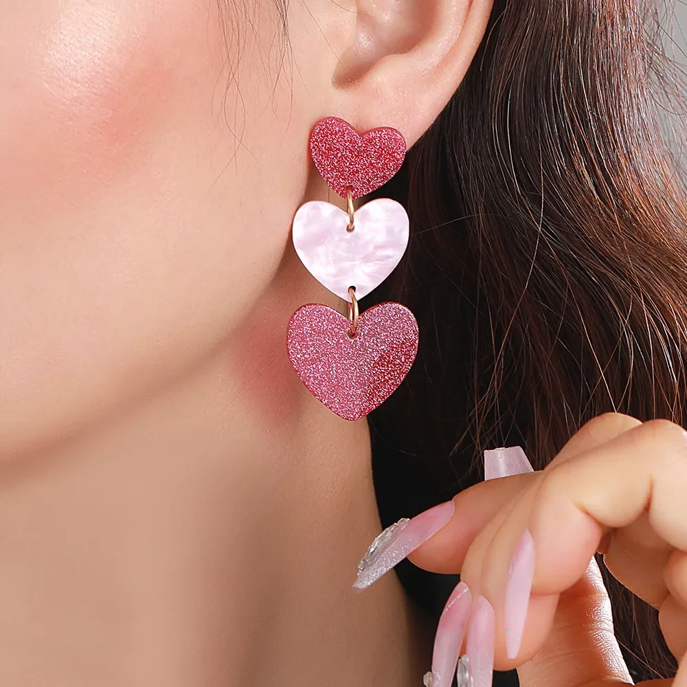 Pink Barbie Powder Love Heart Earrings Dopamine Girl Acrylic Layer Sweet Heart Dangle Earring for Women Grils Cute Party Jewelry