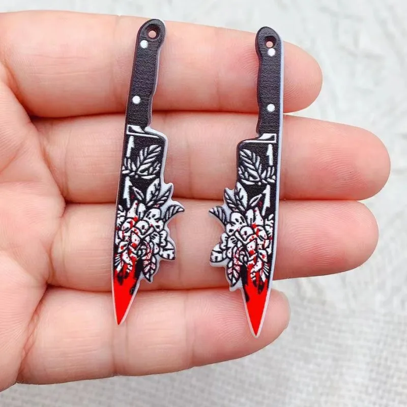 Double-Sided Gothic Black Flower Dagger Acrylic Charms, 10pcs