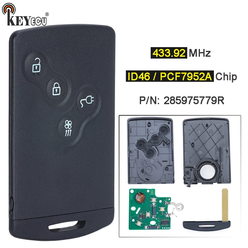 KEYECU 433MHz ID46 PCF7952A Chip 285975779R Smart Card Remote Key Fob for Renault Laguna III ZOE Fluence Grand Scenic Megane III