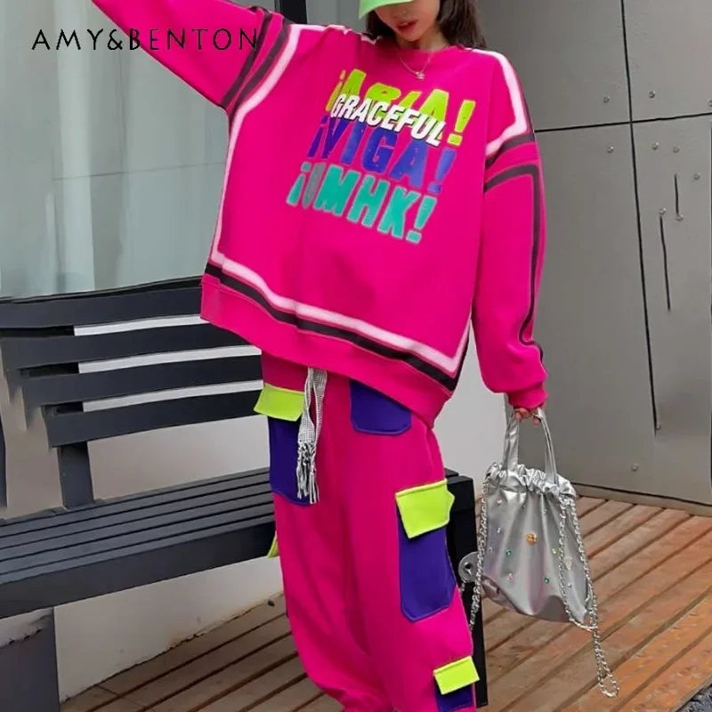 

American Retro Color Letter Sweatshirts And Sweatpants 2-piece Outfits Oversize Loose Leisure Sports Suit Tooling A Complete Set