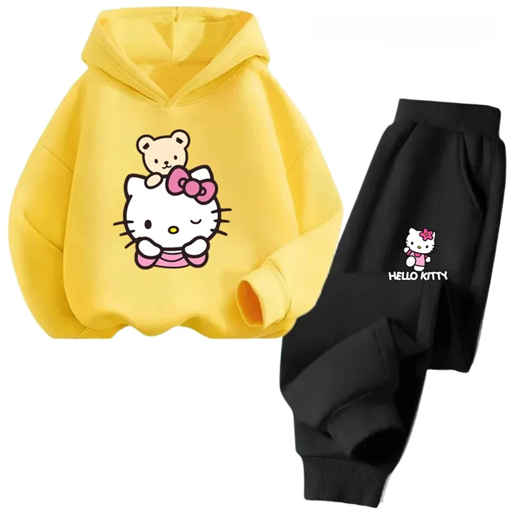 Kawaii Anime Hello Kitty Children Hoodie + Trousers 2pcs Sets Spring Autumn 3-14 Age Kids Girl Casual Clothes Fashion Sportsuits