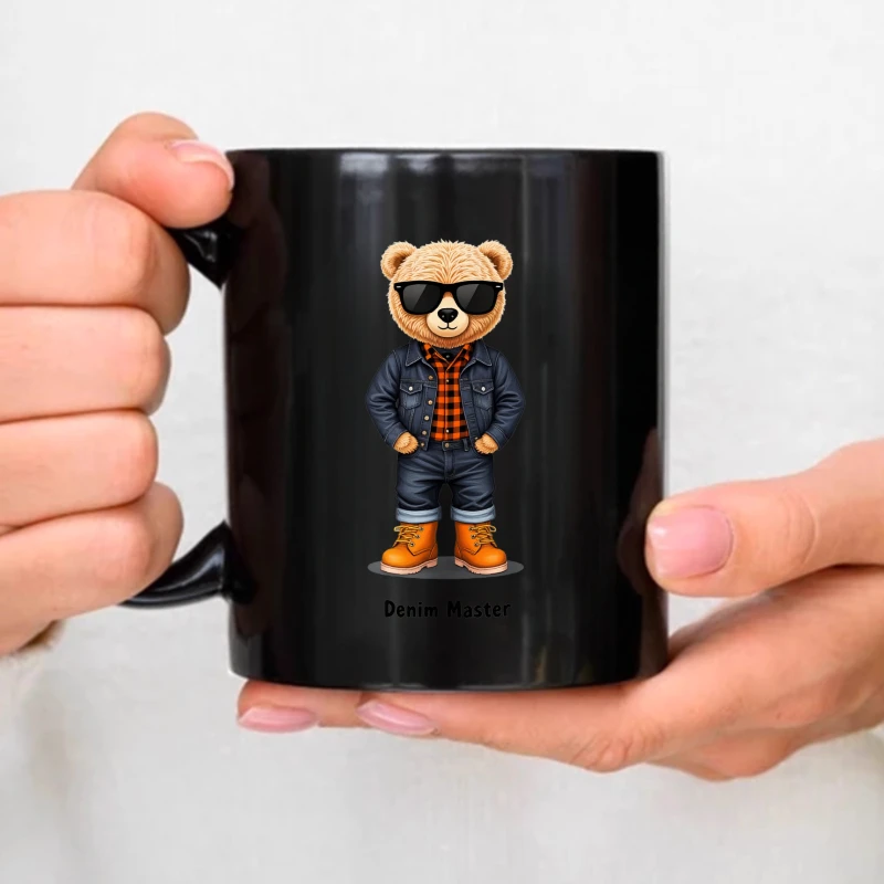 A black ceramic mug with a bear print wearing sunglasses, a denim jacket, and boots, complete with the text 