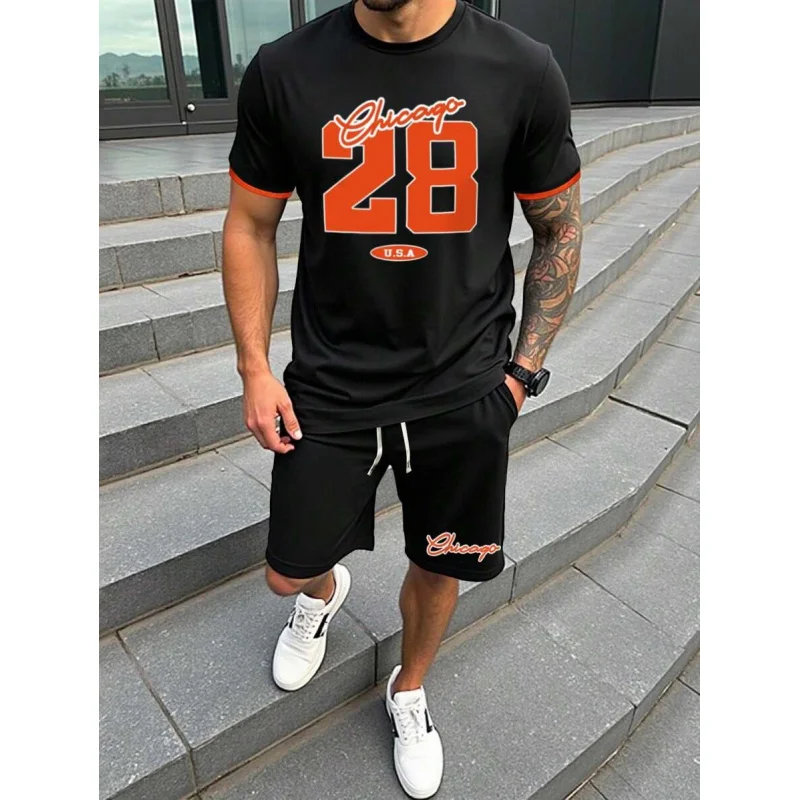 Men's Fashion Casual Black T-Shirt Set With Chicago 28 Red & White Graphic Print