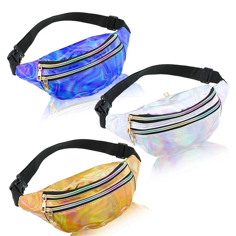 

NEW-3 Pieces Holographic Fanny Pack Metallic Iridescent Neon Sport Waist Bag Reflective Belt Bag With Adjustable Belt
