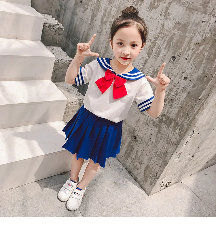 Girl Sets Summer New Children's Short Sleeved Top+pleated Skirt+bow Cartoon Campus Kindergarten Performance Uniform Kids Suits