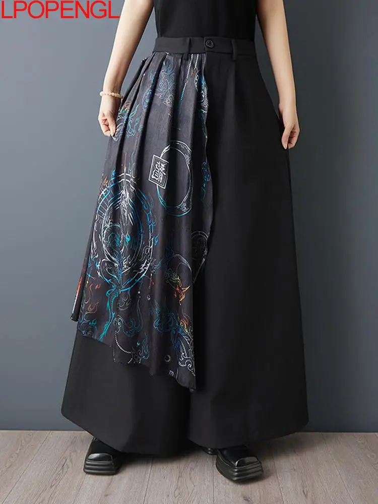 

Summer Woman New Chinese Style Printed Patchwork Irregular Wide Leg Pants Fashionable Versatile Casual Elastic Waist Trousers