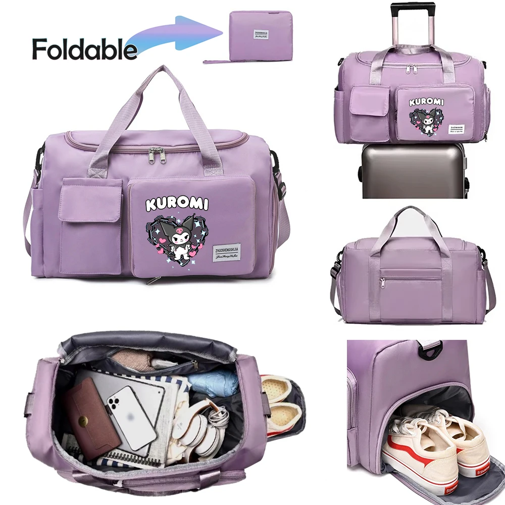 Kuromi Cartoon Travel Bag Large Capacity Storage Shoulder Bags Gym Duffle Pack with Shoe Compartment Portable HandBag