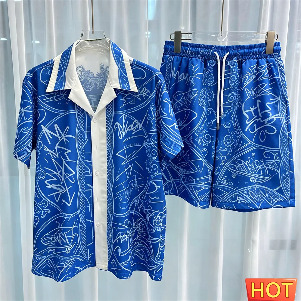 Summer New striped men shirt set two-piece set Loose Thin Short Sleeve Short Graffiti shirt set men outfit Men vacation clothing