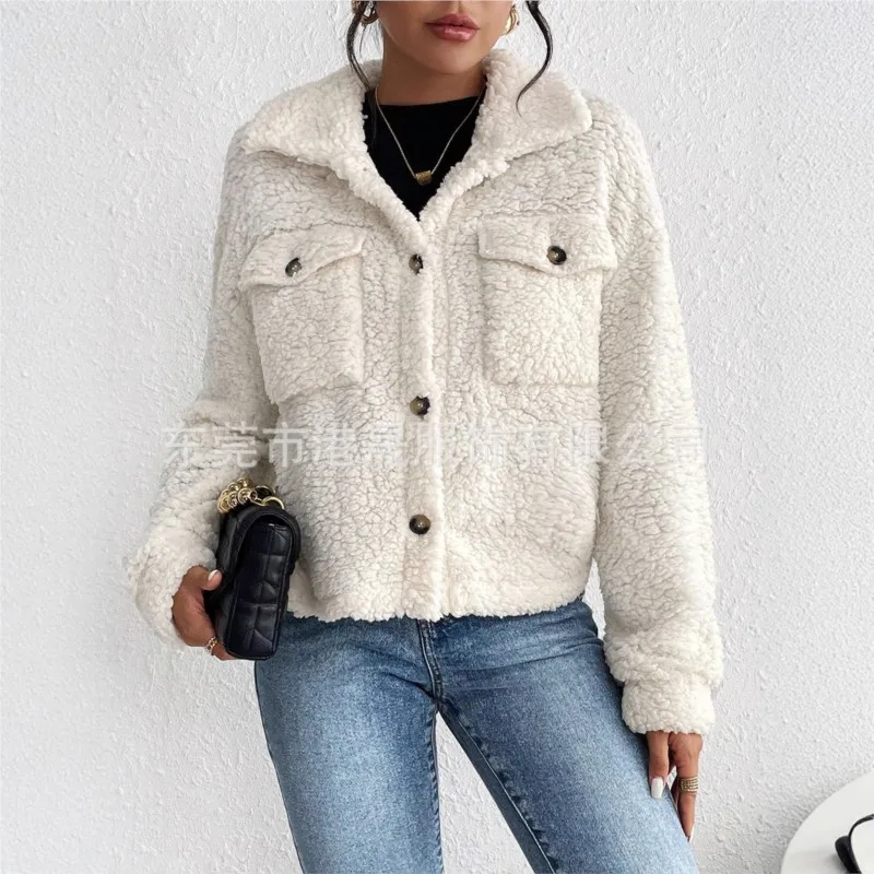Casual Women's Coats Autumn And Winter Lapel Plush Jacket Short Women Jacket New Fashion White Pockets Tops Coat Streetwear