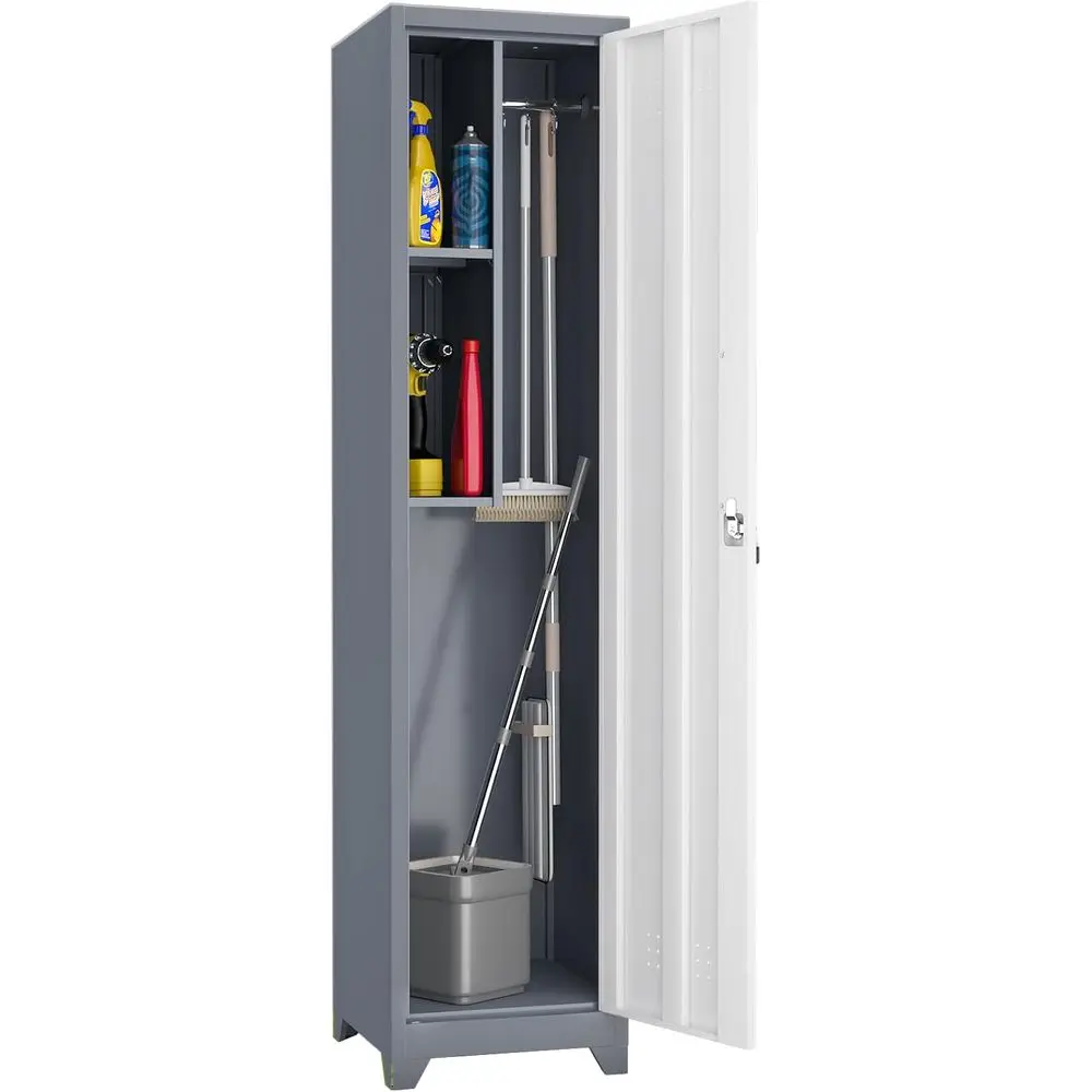 

Узкий шкаф для хранения Slim 65 H с запирающейся дверцей и 2 полками для метел и швабр (серо-белый)