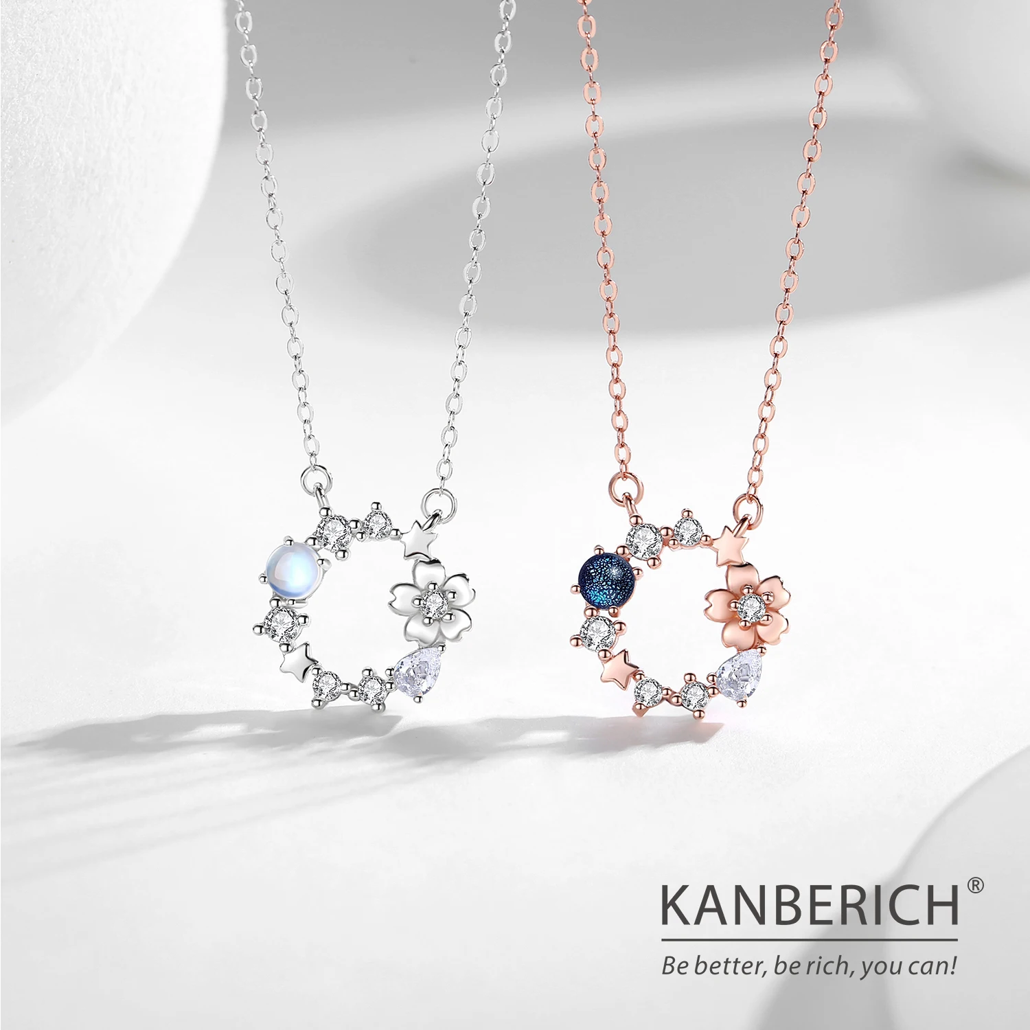 Kanberich S925 Real Sterling Silver Cubic Zirconia Colorful Garland Pendant Clavicle Chain Necklace