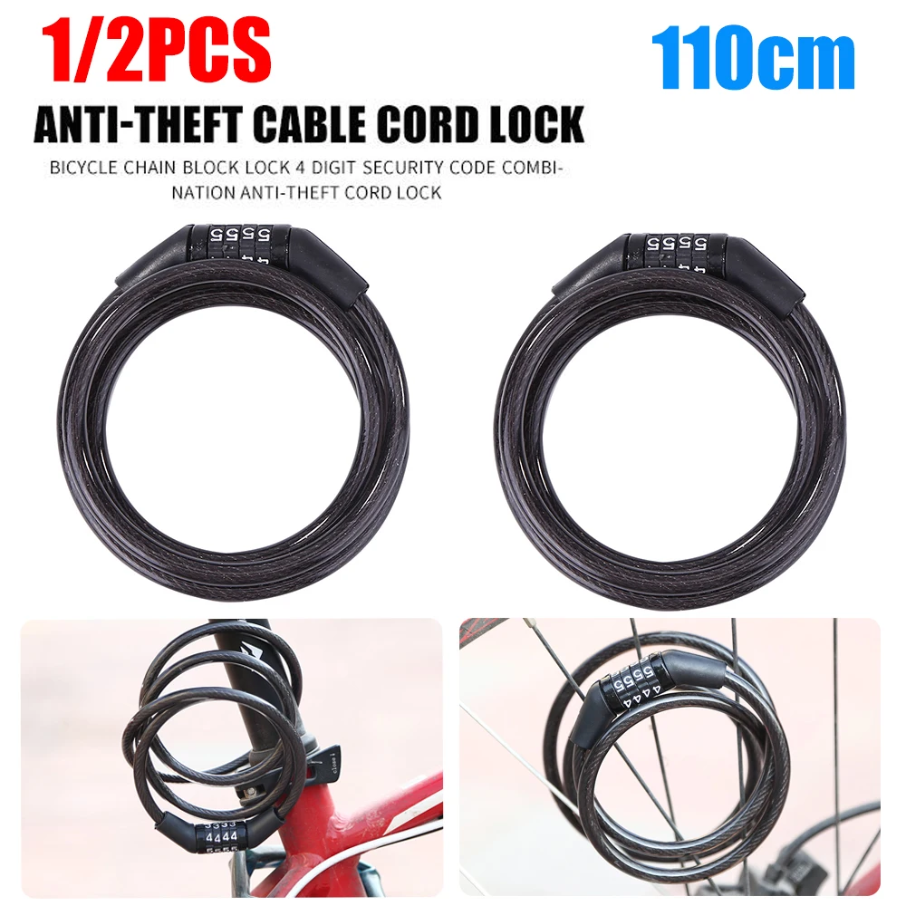 110cm Anti-Theft Bike Lock 4 Digit Code Combination Stainless Steel Cable Bicycle Security Lock Equipment Bike Lock Accessories