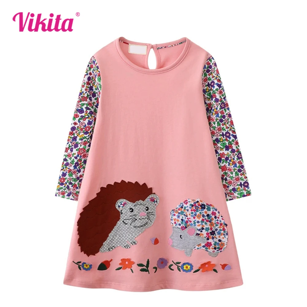 

VIKITA 2025 New Children Clothes Kids Hedgehog Floral Appliqued Straight Cotton Casual Long Sleeve Casual Daily School Vestidos