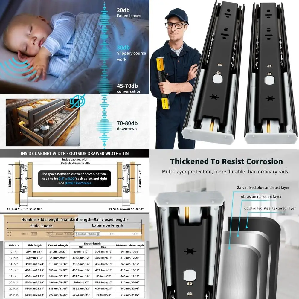 

5 пар прочных металлических направляющих-слайдеров с шарикоподшипниками, выдвижные на 12-24 дюйма, выдерживают нагрузку до 100 фунтов.