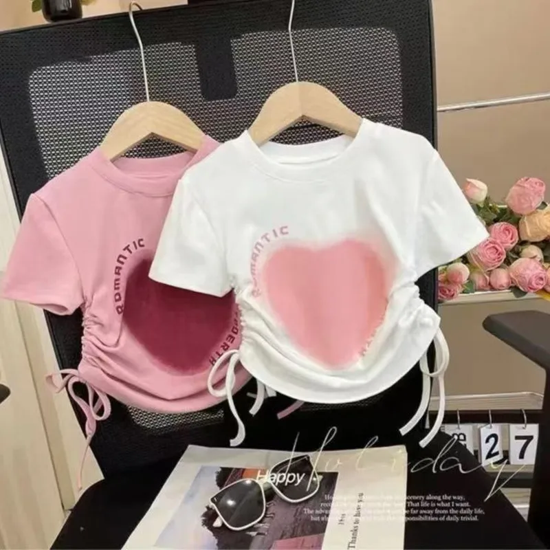 

Teenage Girls T-shirt 2025 Summer New Irregular Drawstring Girls' Love Short Sleeve Top Children's Summer T-shirt 90-140CM