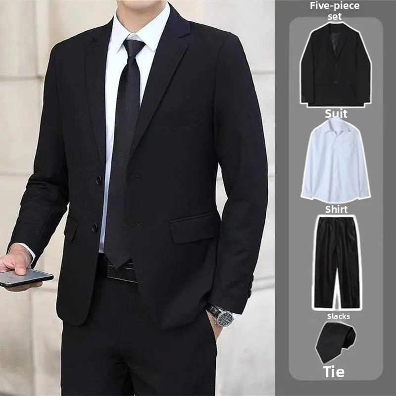 

New Men's Casual Busin Suit Tee-Piece Set Stand Fit Polyester Fiber Spring Autumn Thiened Two Button Plaet