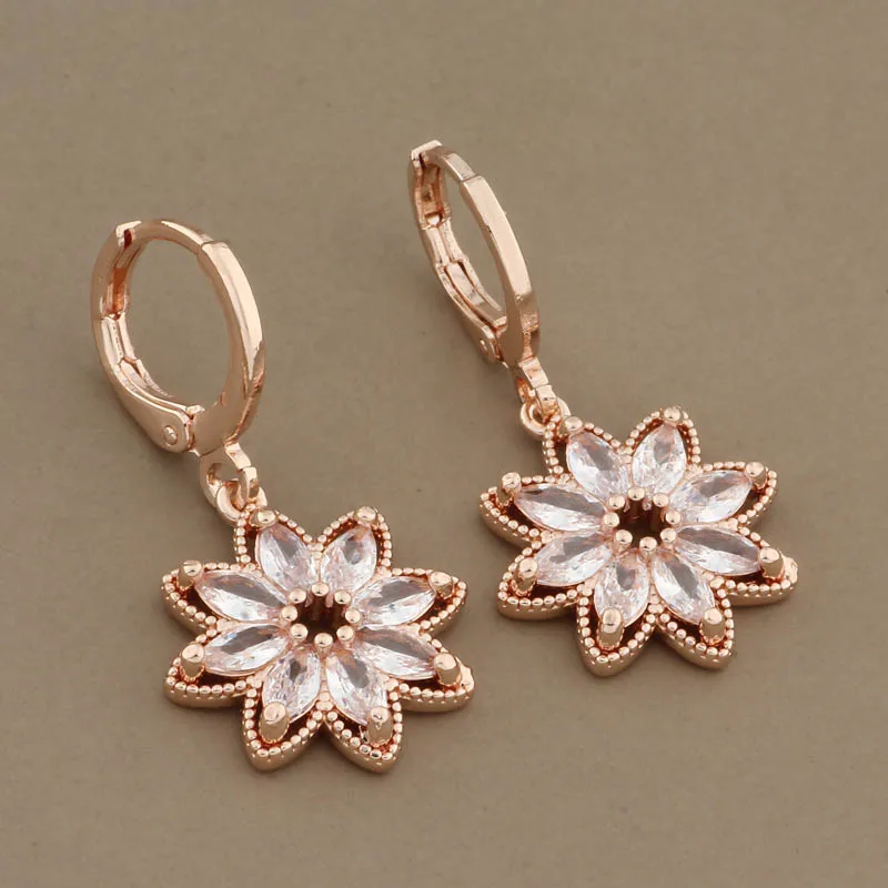 New Trend Earrings 585 Rose Gold Color Hanging Earrings Stes for Women Fashion High Quality Natural Zircon Flower Jewelry Set