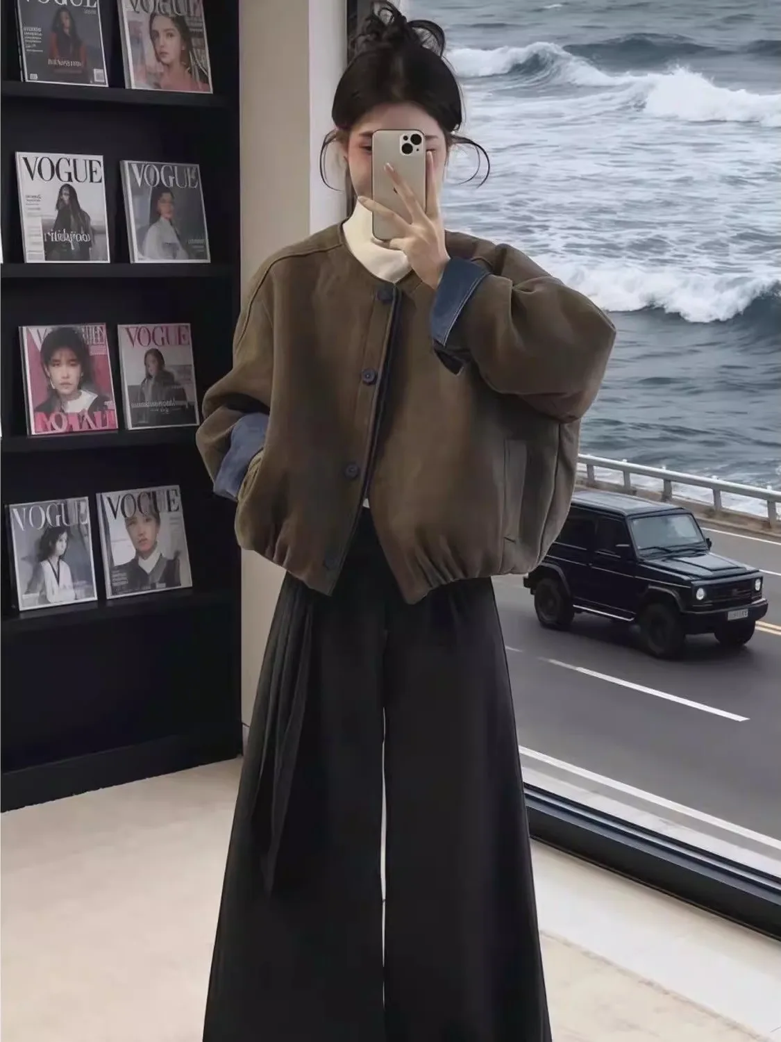 Retro Color Block Short Jacket Women's Spring Autumn Brown Loose Fit Warm Knitted Outerwear American Style Button Design