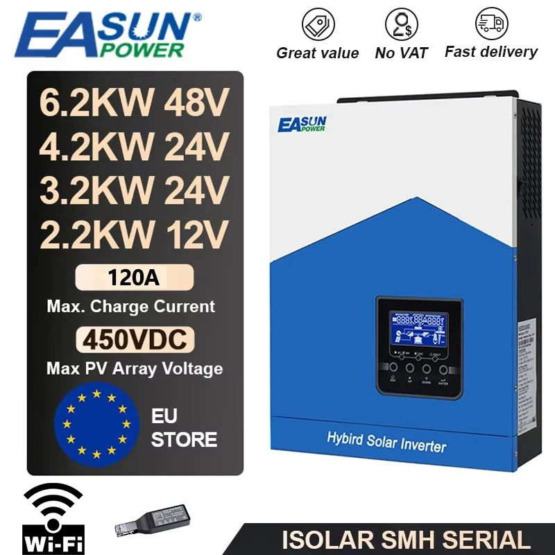 EASUN POWER 6,2 kW 4,2 kW 3,2 kW 2,2 kW Hybrid-Solar-Wechselrichter 12 V 24 V 48 V MPPT Off Grid reiner Sinus-Wechselrichter 120 A MPPT-Solar-Ladegerät mit WIFI
