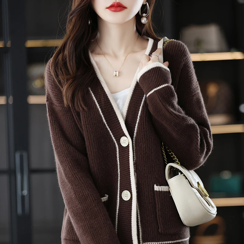 

2022 Autumn Winter New 100% Wool Cashmere Knitted Cardigan Jacket Women's V-neck Pocket Loose Large Size Bottoming Sweater Coat