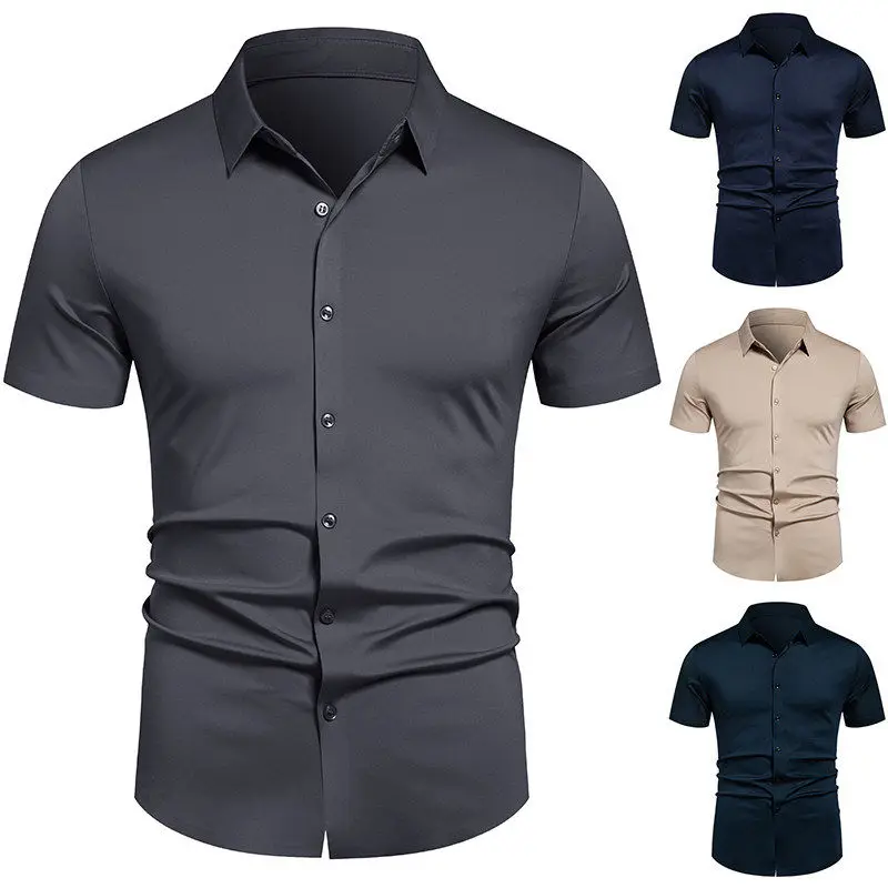 2026 Summer Men's Stretch Shirt Wrinkle Free Dress Shirts Regular Fit Short Sleeve Stretch Business Casual Button Down Shirts