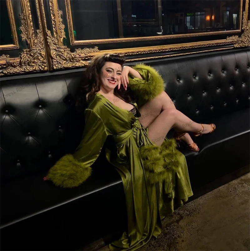 

Feather Green Women Night Dresses Sexy Silk Satin Long Sleepwear With Belt Photoshoot Custom Made Wedding Sleepwear Pajamas