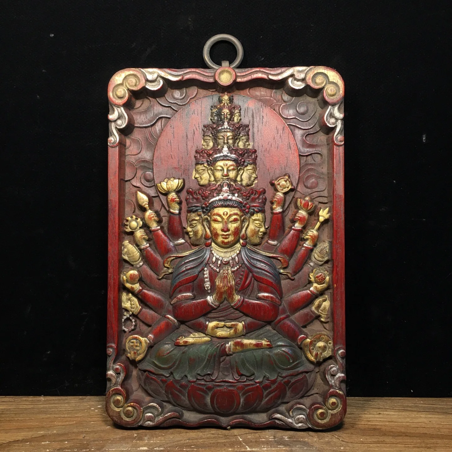 

8"Old Xizang Folk Collection Old Rosewood Mounting Painted Cundhi bodhisattva Amitabha Buddha Thangka Wall hanging Worship Hall