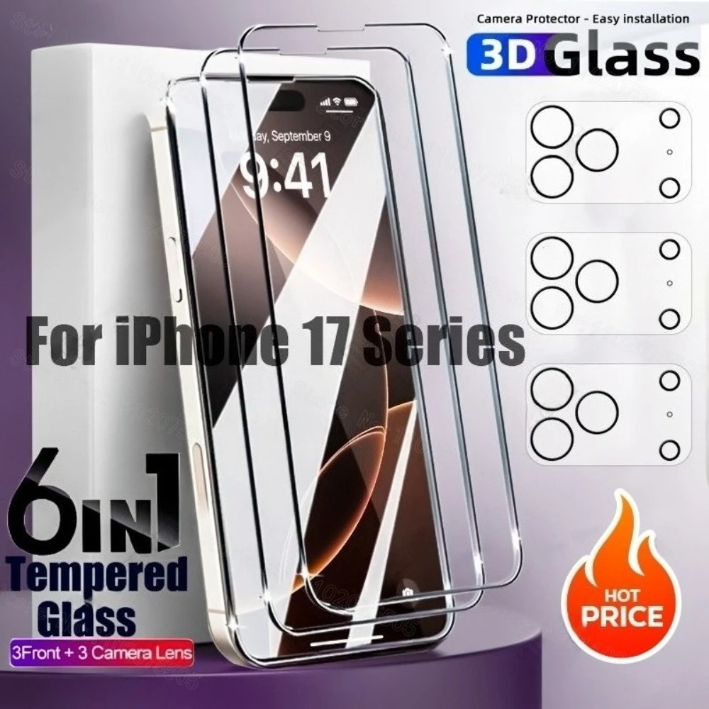 

[3+3] HD Mobile Phone Screen Protector+3-pack Camera Protector for IPhone 17 Pro 16 15 14 ProMax,Scratch-resistant 3D Lens Glass