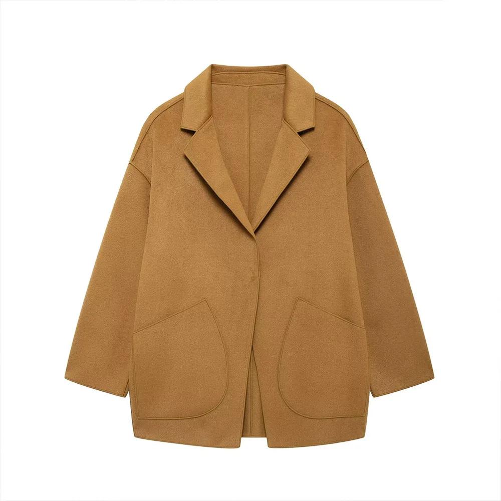 

Woman Loose Jacket Long-sleeved Double-faced Coat Lapel Buttons Solid Color Pocket Cropped Coat Early Autumn New Female Chic Top