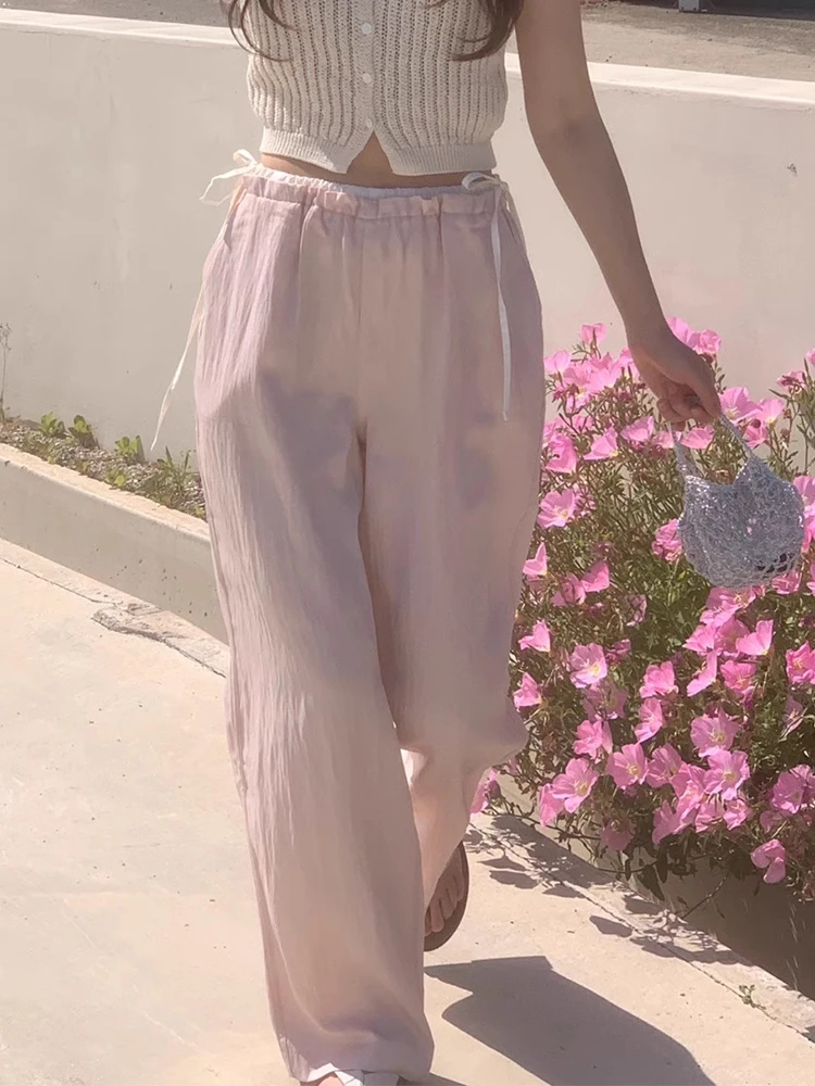 Eleganckie spodnie damskie z wysokim stanem, szerokie nogawki, na wiosnę i lato, odmładzające, kolorowe, z wiązaniem, długie spodnie z paskiem.